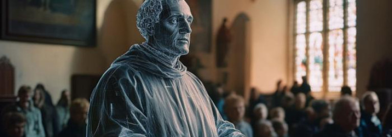 KI-generiertes Bild. Prompt: Holographische Figur von Martin Luther predigt auf einer Kanzel in einer modernen, hellen, evangelischen Kirche. Auf den Bänken sitzen viele Menschen. Fotografischer Stil. Kreiert mit Hilfe von Midjourney.